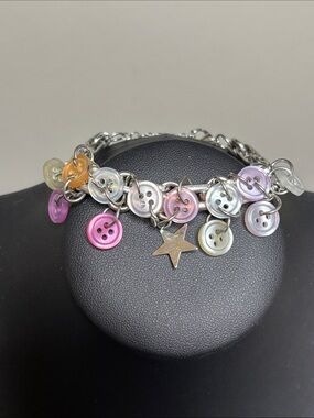 Multicolor Button Charm Bracelet with Star Silver Tone Cutesie Cottagecore